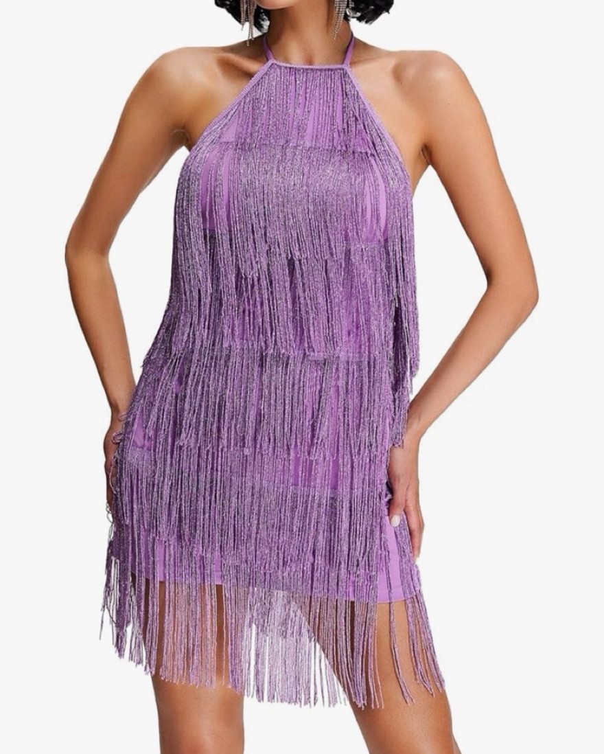 purple fringe mini dress Mew Mews Buggan Rhinestone Fringe Mesh Mini Dress In Purple