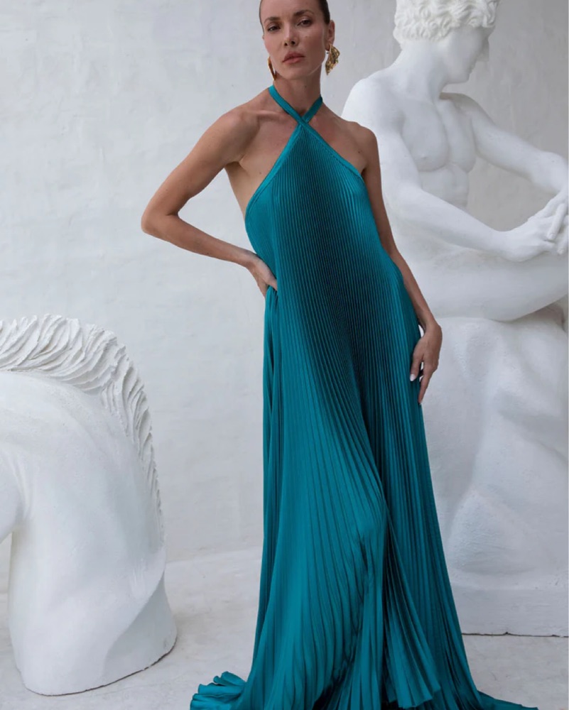 halter bra top maxi dress Amedeo Plunge Halter Neck Maxi Dress
