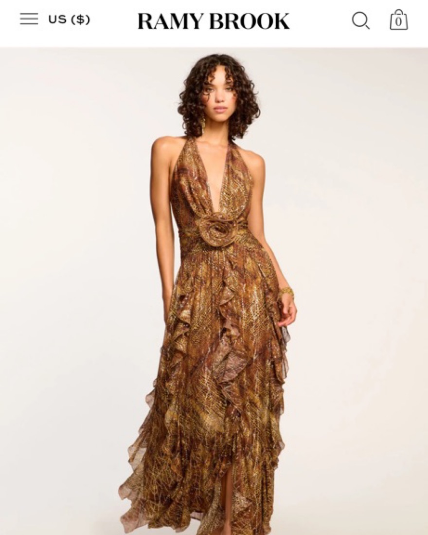 ramy brook halter dress Jill Metallic Smocked Halter Maxi Dress in animal lame