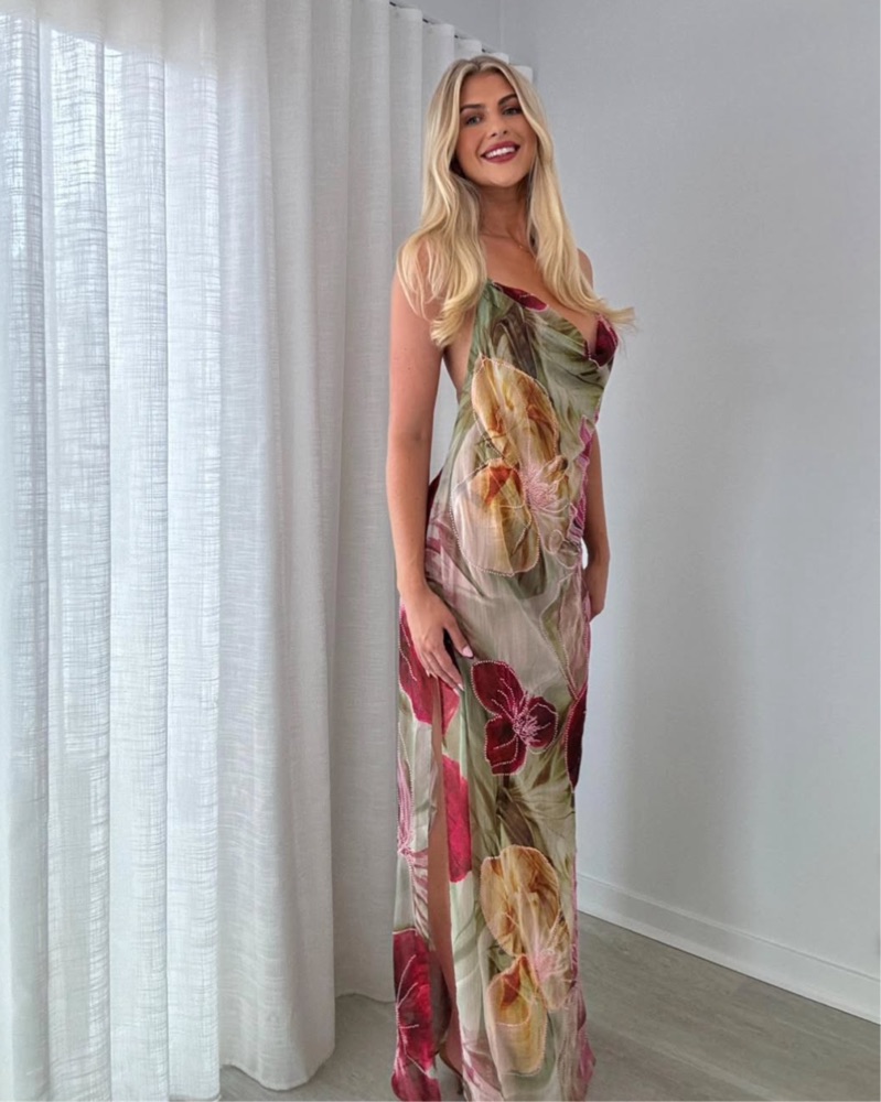beaded floral maxi dress Beaded Floral Print Primavera Long Prom Dress Ivory Multi / 00