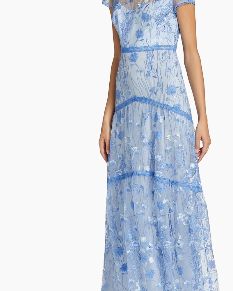 monique lhuillier floral embroidered mesh dress ML Monique Lhuillier Mock-Neck Short-Sleeve Floral Embroidered Mesh Maxi  Dress