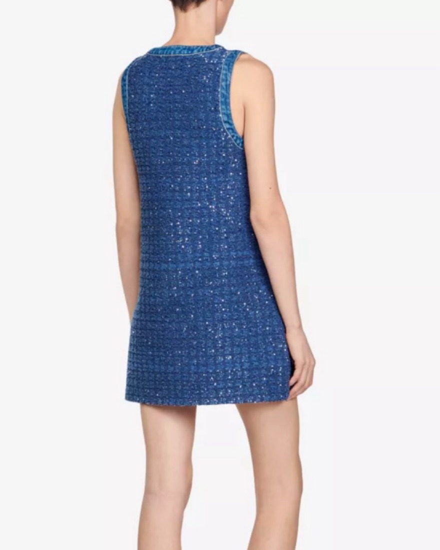 sandro seville denim trim tweed blazer mini dress Sandro Denim-Trim Tweed Mini Dress in Blue