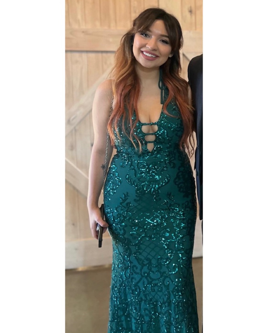 green sequin dress v neck Amarra 89293