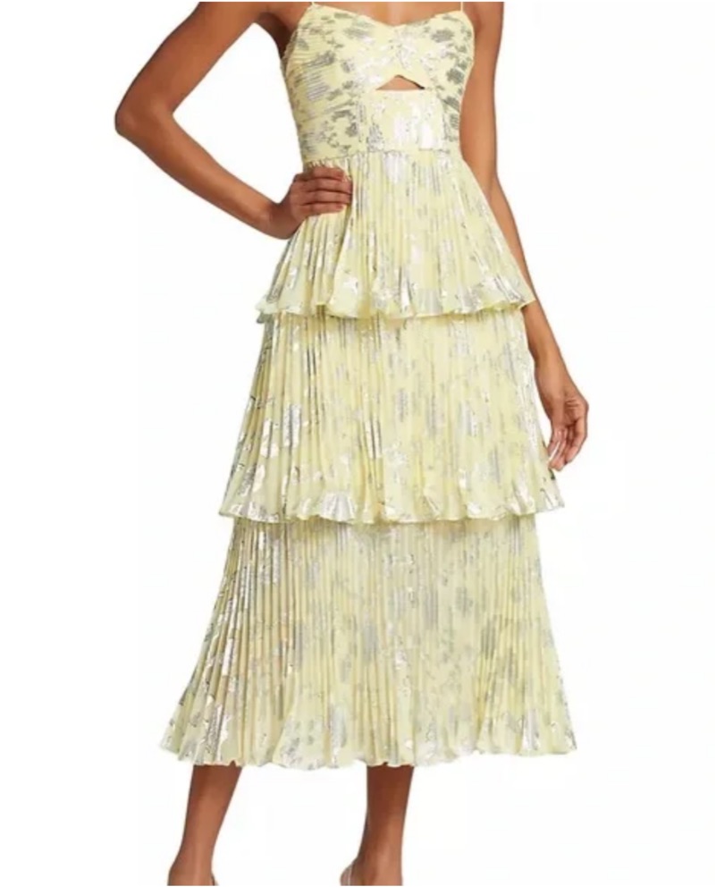 self portrait yellow pleated dress Lace-panel Pleated Midi Dress