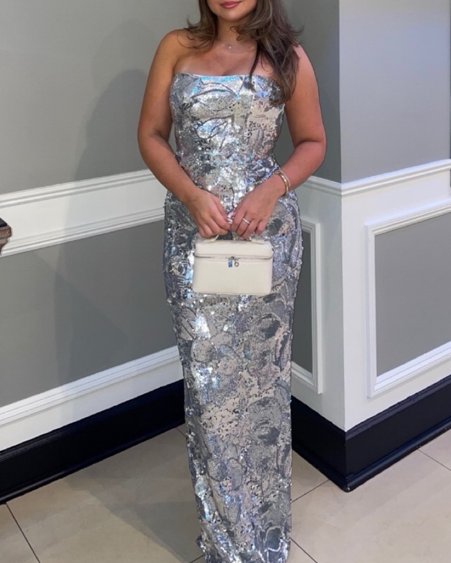 helsi silver dress Helsi Margot Strapless Sequin Maxi Dress - Silver/Off White - 20% Off