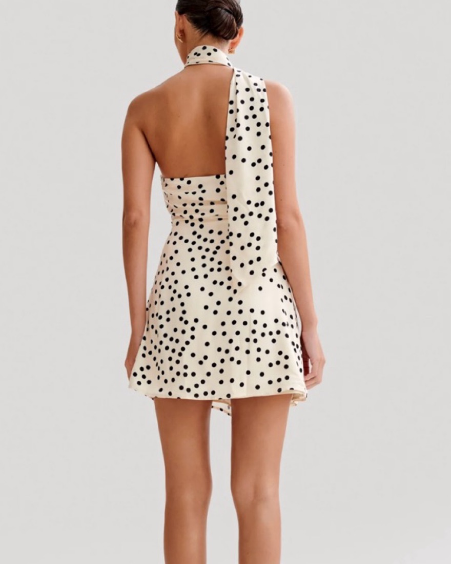 meshki brown polka dot dress Nadine Halter Chiffon Maxi Dress - Ivory/Merlot Polka Dot