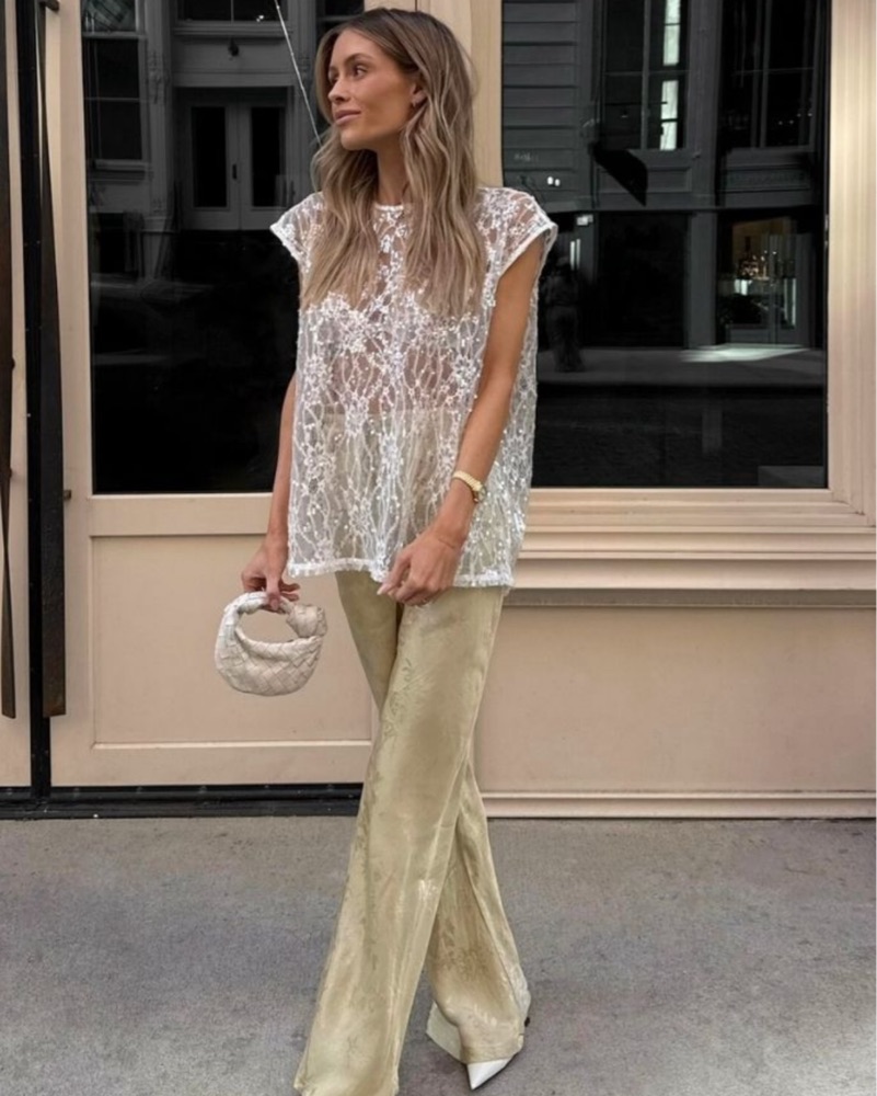 VRG GRL Set Sequin Sheer Top + Pant S by Vrg Girl - Pickle