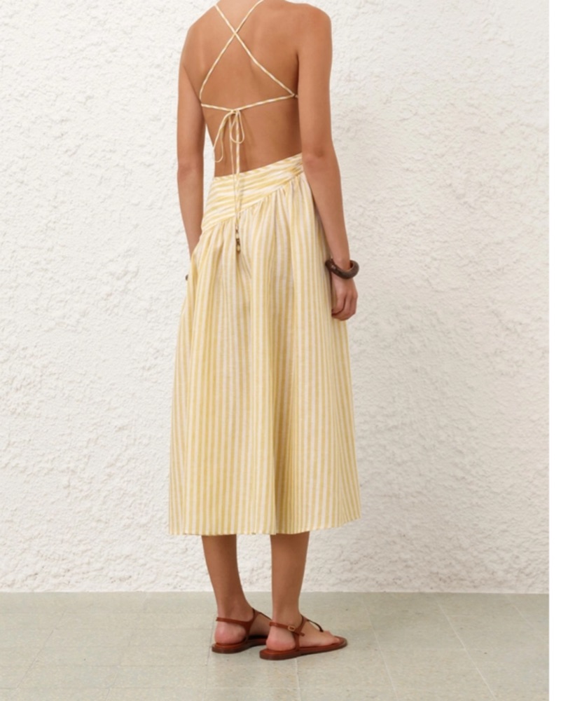 zimmermann yellow midi dress Zimmermann Linen-Silk Belted Midi Dress - Yellow
