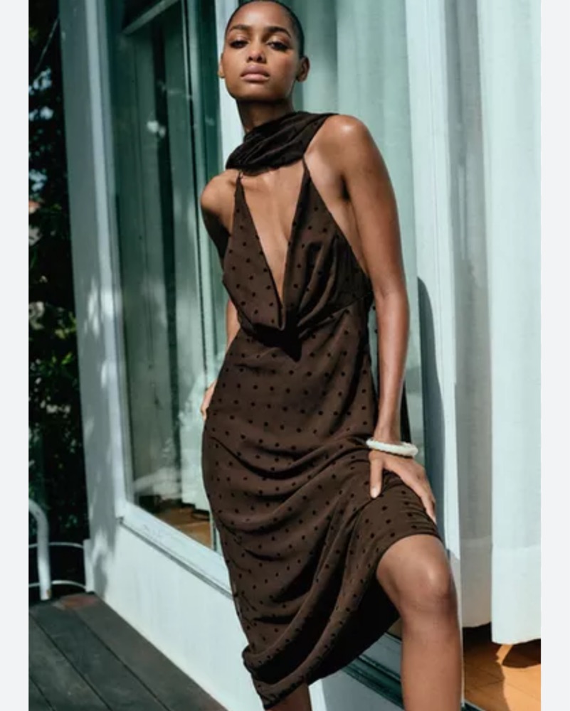 Brown Cowl Neck Polka Dot Scarf Dress by ZARA - Pickle