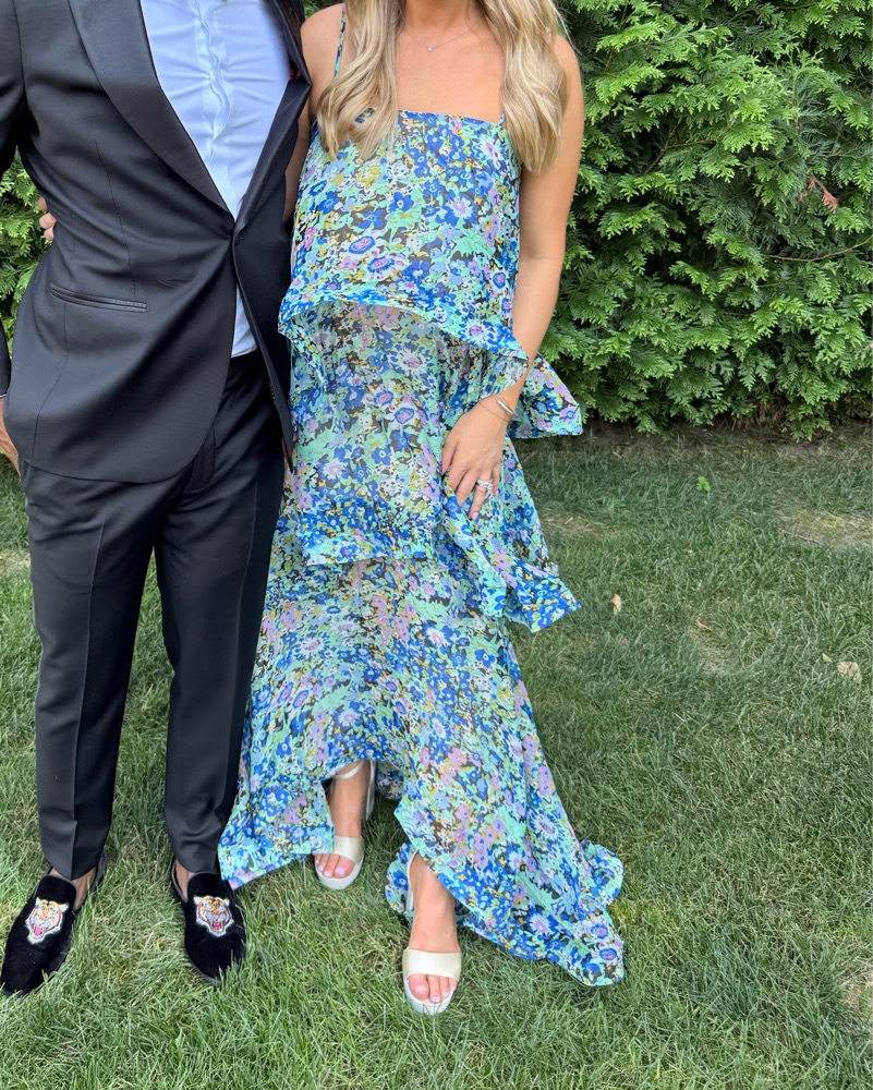 knee length dresses for ladies Armani Tiered Maxi Dress in Baby Blue Floral main image 1