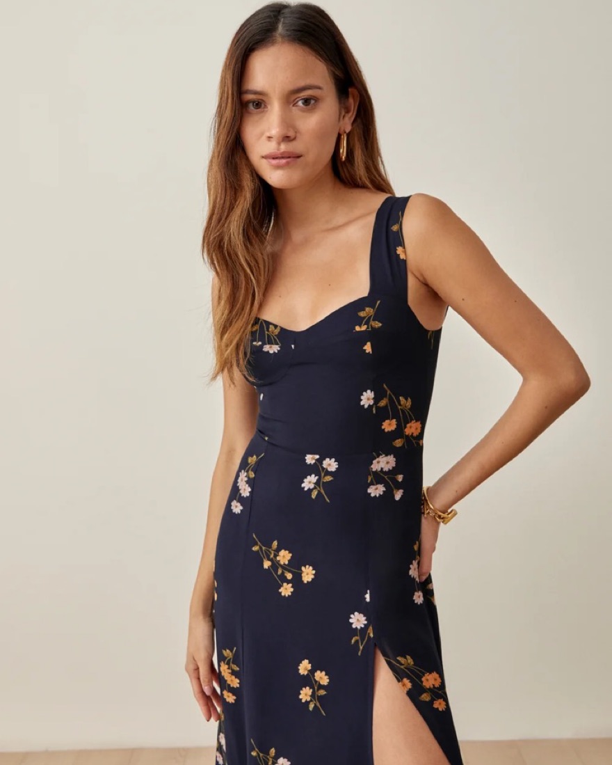 reformation navy blue floral dress Navy Frankie Silk Dress by Reformation