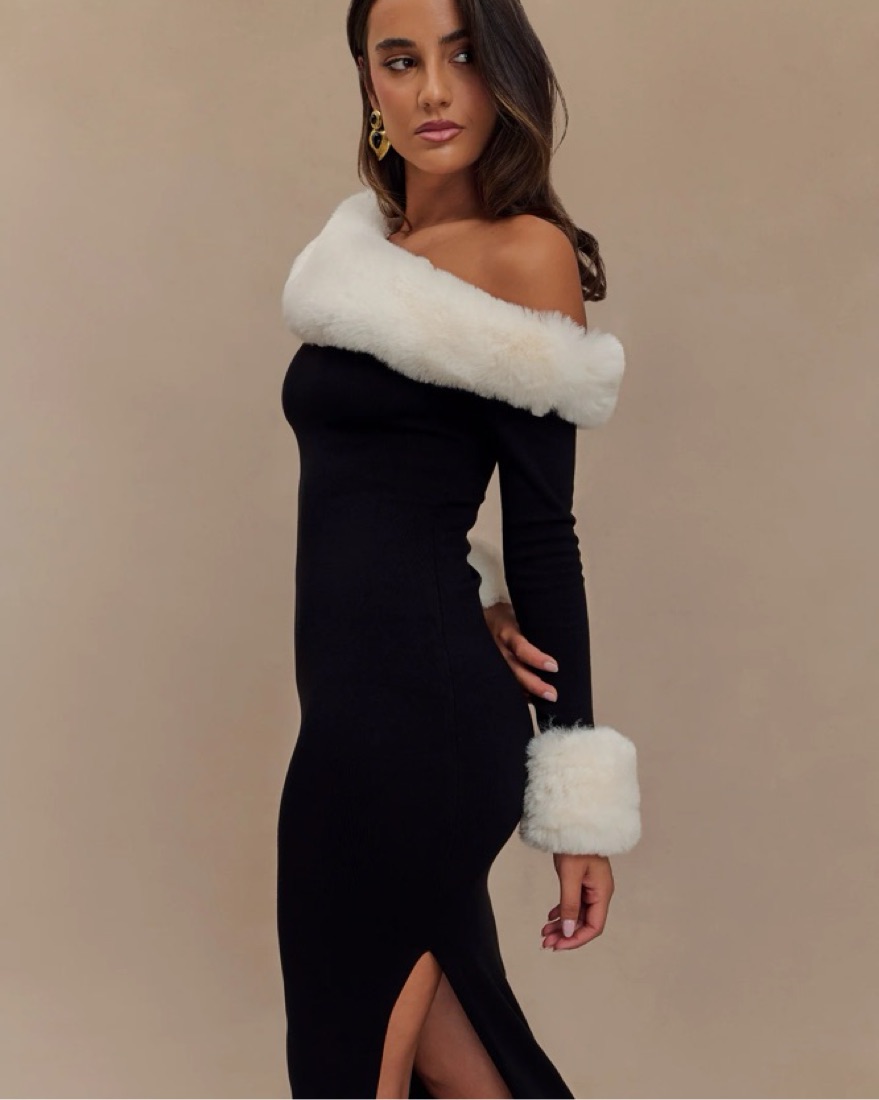 fur trim holiday dress New Years Kiss Fur Trim Mini Dress Black