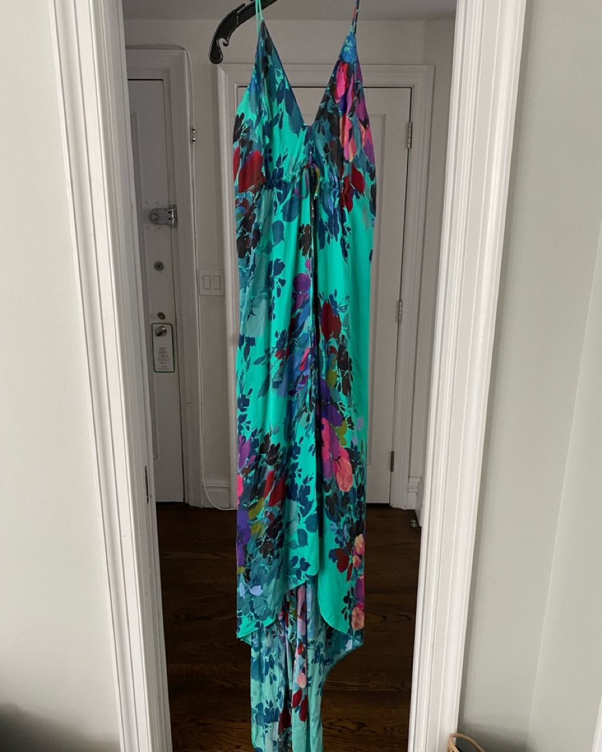 nicole miller silk maxi dress Nicole Miller NY Maxi Dress NEW Abstract Print Satin Size SMALL High Neck  Sleeve
