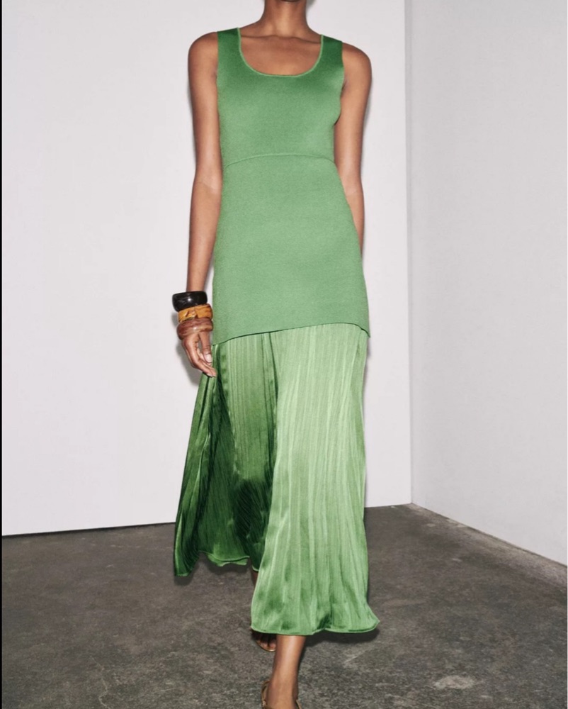 Green Pleated Knit Maxi Dress by ZARA - Pickle