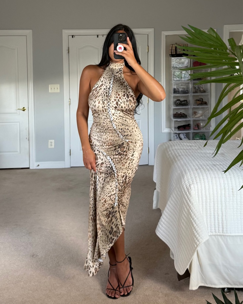 animal print halter neck dress Leopard Print Backless Maxi Dress