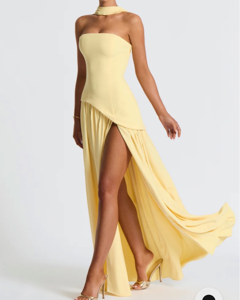 yellow strapless drop waist dress Sheer Bodice Chiffon Drop Waist Strapless Mermaid Prom Dress