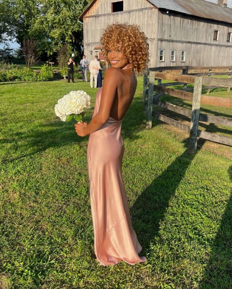 rose gold satin dress long Ladivine CD736 Elegant Fitted Formal Embellished Satin Gown Rose Gold / 0 main image 1