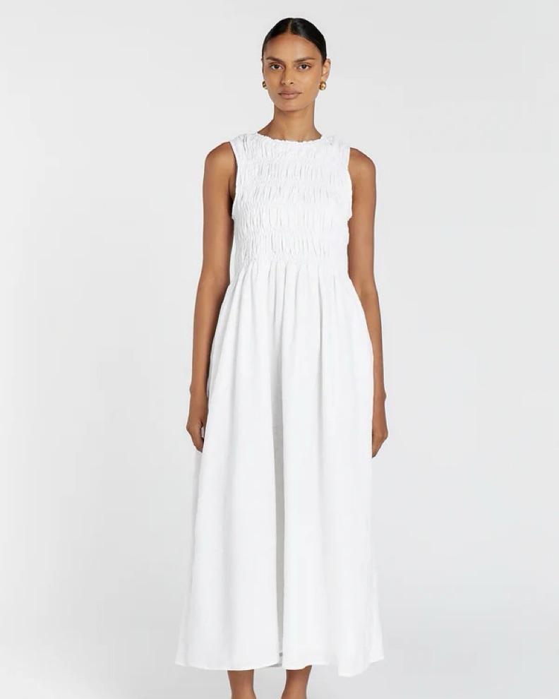 lessi white linen maxi dress Lucienne Smocked Linen Maxi Dress