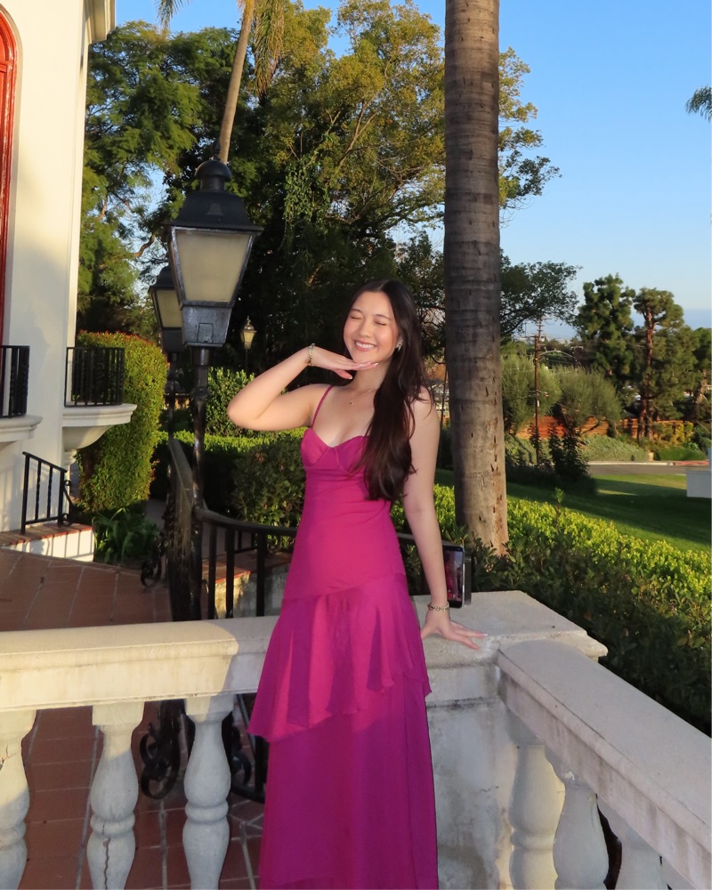 cold shoulder women's dress Pink and Green Ombre Pleated Halter Maxi Size:M Full Bust Satin Fuchsia LUV ME LUV Invisible She is wearing a neckline_Off the Shoulder