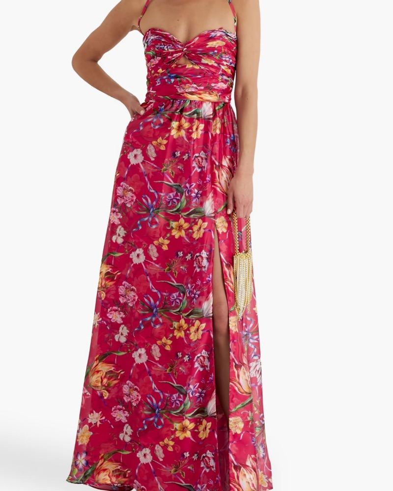 marchesa notte pink floral dress Marchesa Notte Draped One-Shoulder Floral Jacquard Midi Dress