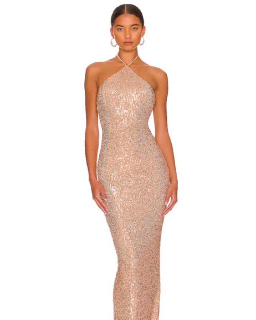 nookie gold sequin dress Rose Gold Halter Fringe Maxi Dress Rose Gold / 10