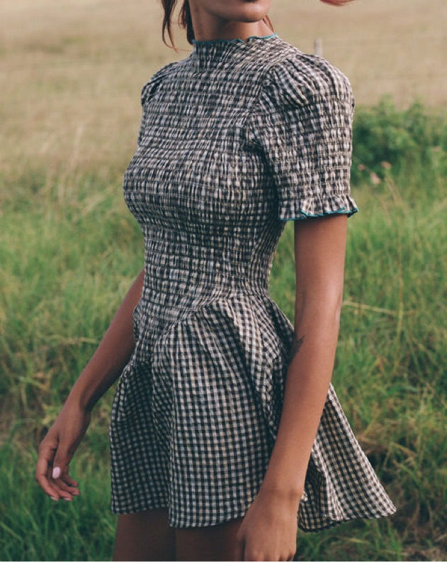 ruched mini dress in biscuit plaid apres studio Preorders are open for the Biscuit Plaid Picnic dress. Orders shipping out  next week