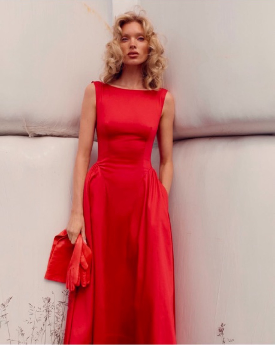 Helsa Red Cotton Sateen Midi Dress by Helsa - Pickle