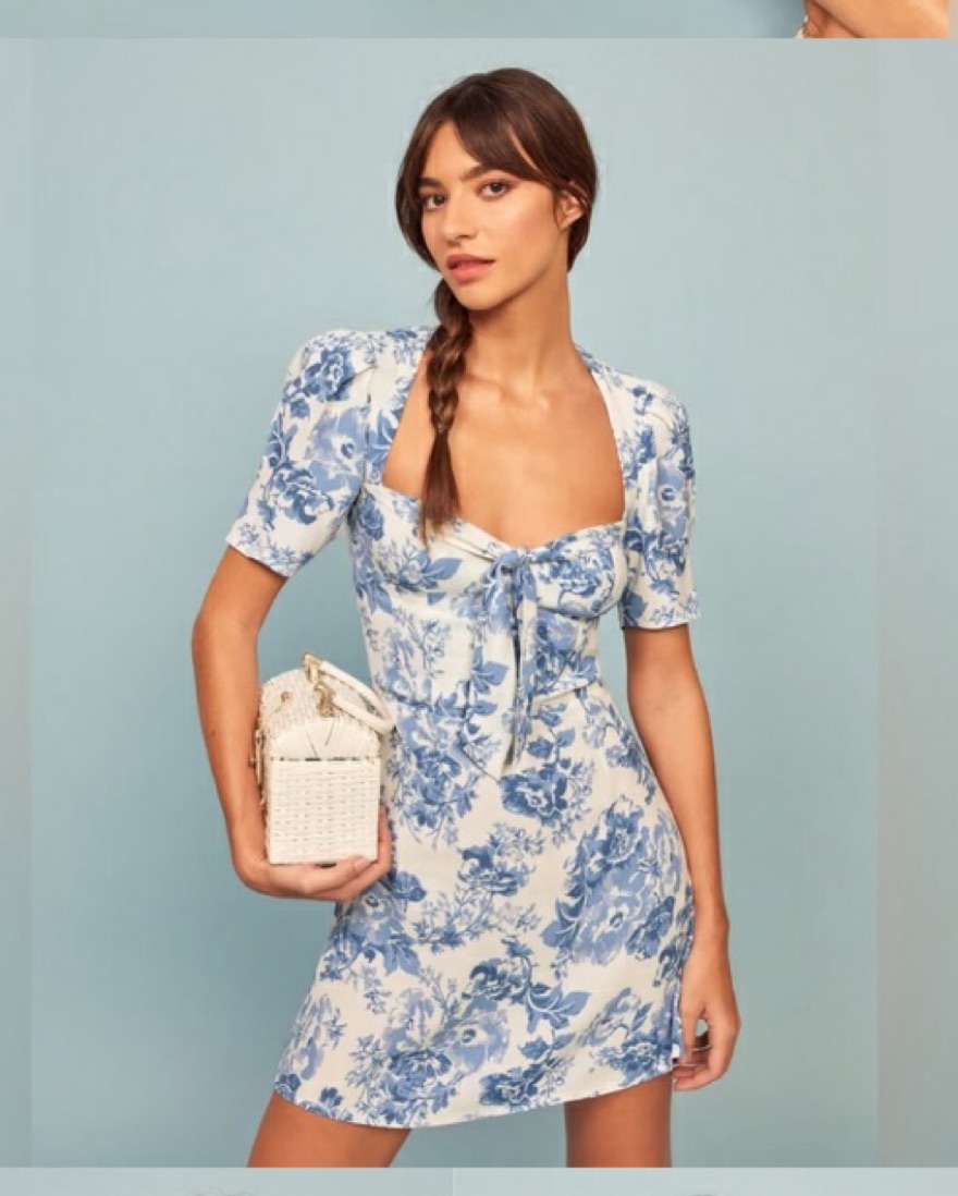 reformation white and blue floral dress long sleeve blue and white floral print reformation