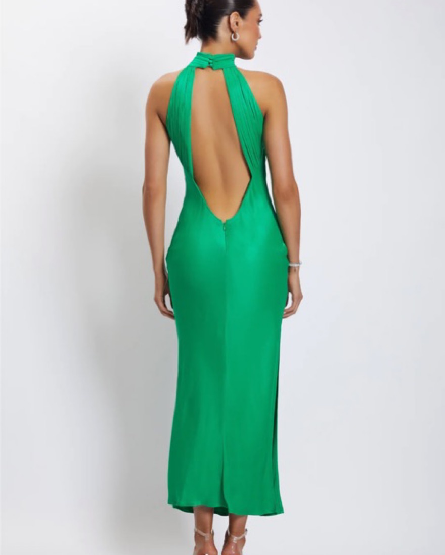 claire satin drape back maxi dress with split - green Meshki - Meshki - Claire