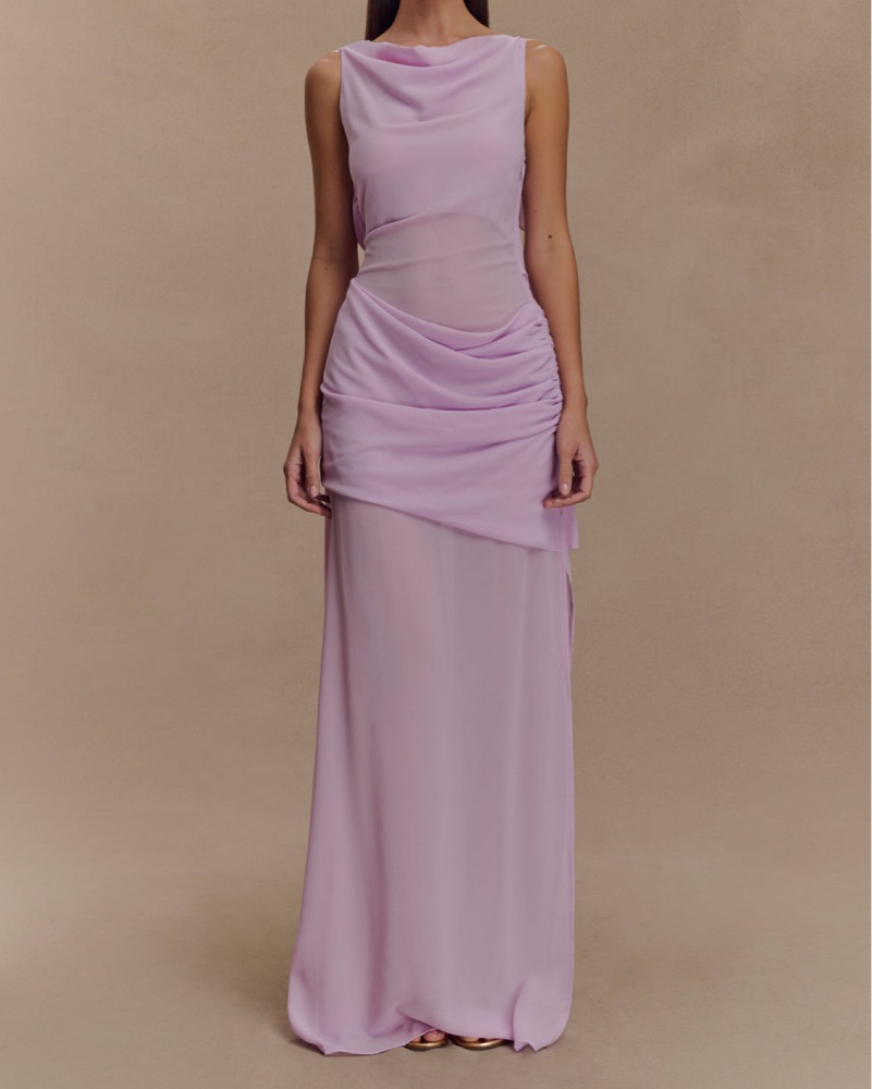 falak draped chiffon maxi dress Daria by MESHKI Red Dress | Light jump-february24 Daria CL137654016 Style:Purple Palms