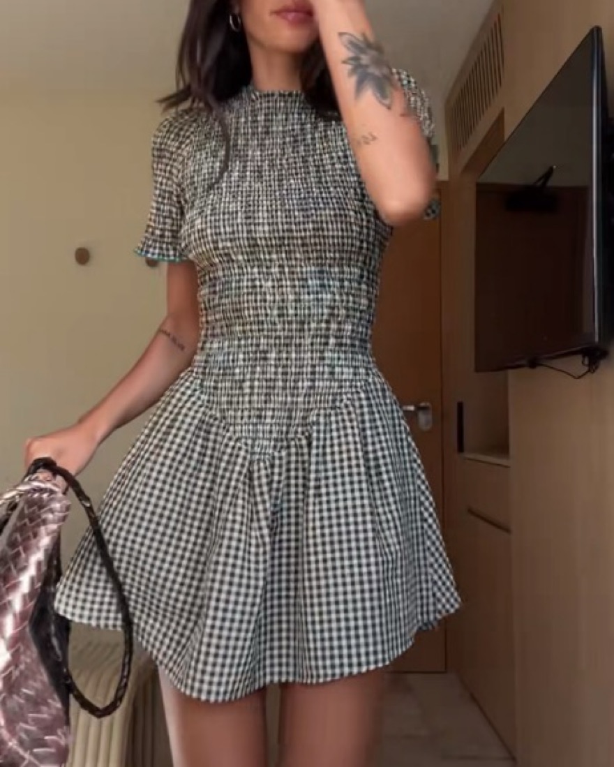 ruched mini dress in biscuit plaid ruched mini dress in biscuit plaid Sandbar Plaid Mini