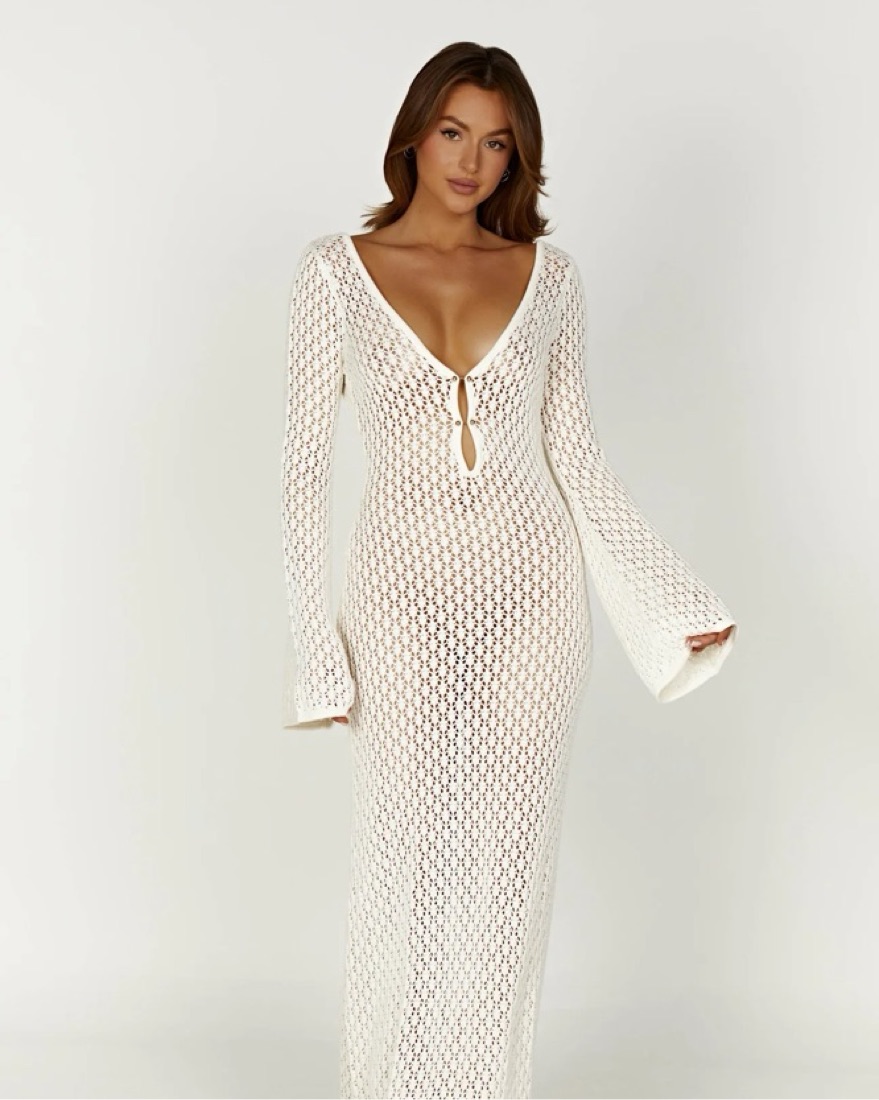 meshki crochet dress Jamaya Knit Maxi / Ivory | this bodycon silhouette is adorned with intricate hand Carrisa Crochet Knit Mini Dress