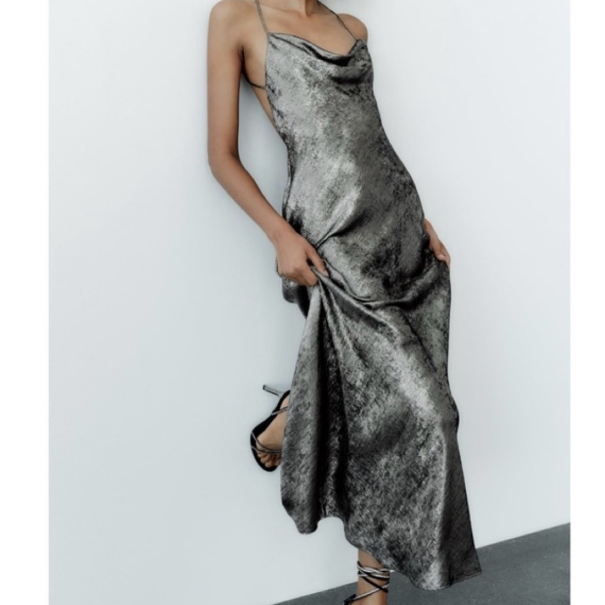 zara silver dress long Zara Sequinned Cowl Neck Long Midi Dress Metallic Silver Size S M 4813/837  New