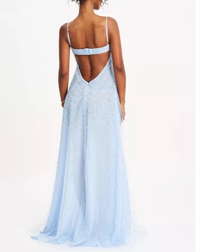 hailey baldwin bachelorette dress Miren Light Blue Embellished Sequin Bandeau Maxi Dress – Club L London