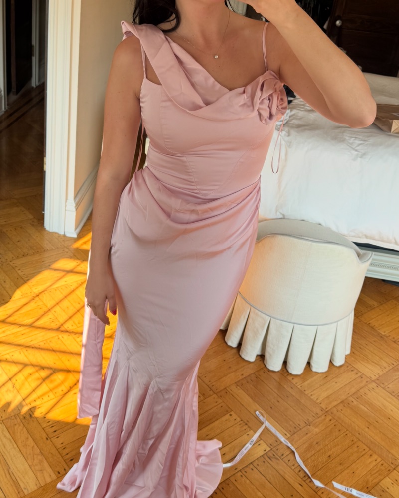 celine pink dress Celine Corset Drape Satin Gown by Leau