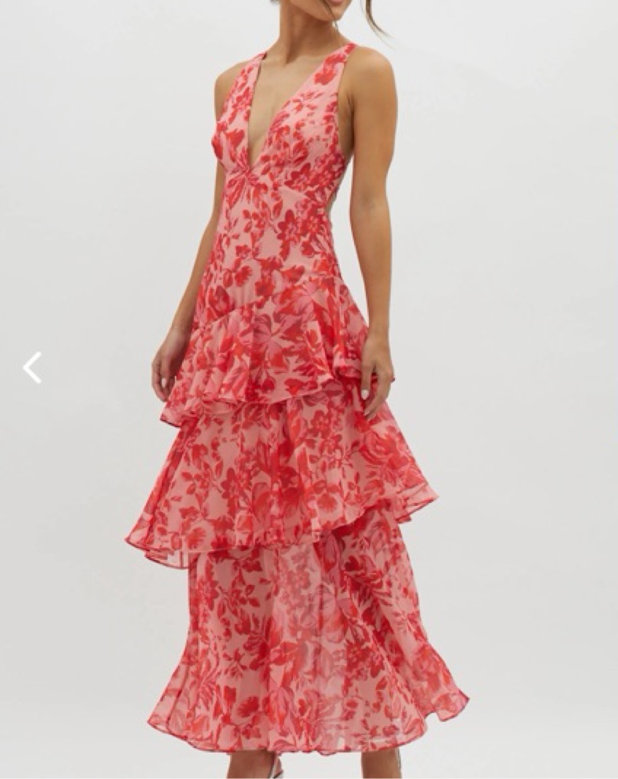 selfie leslie pink floral dress Provence Bloom Tiered Midi Dress Floral Pink