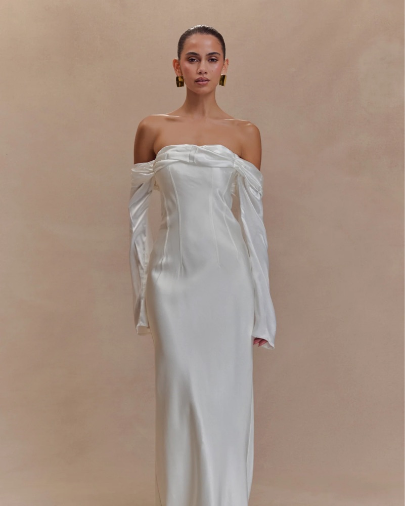 meshki off shoulder dress Giselle Off Shoulder Cowl Neck Maxi Dress - White
