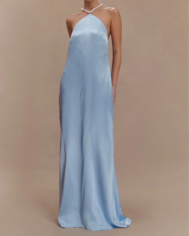 pearl open back maxi dress in light blue Beverley Baby Blue Mesh Maxi Dress - US 12