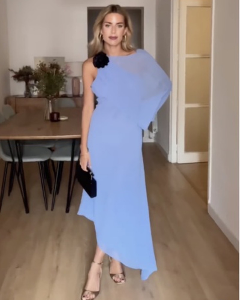 Blue Sheer Cape Drape Dress Midi by Helsa - Pickle