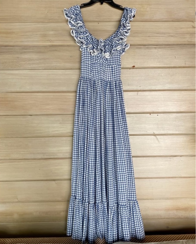 doen blue gingham dress Doen Size S Sofia Checked Midi Dress - Luxury Used Designer Dresses