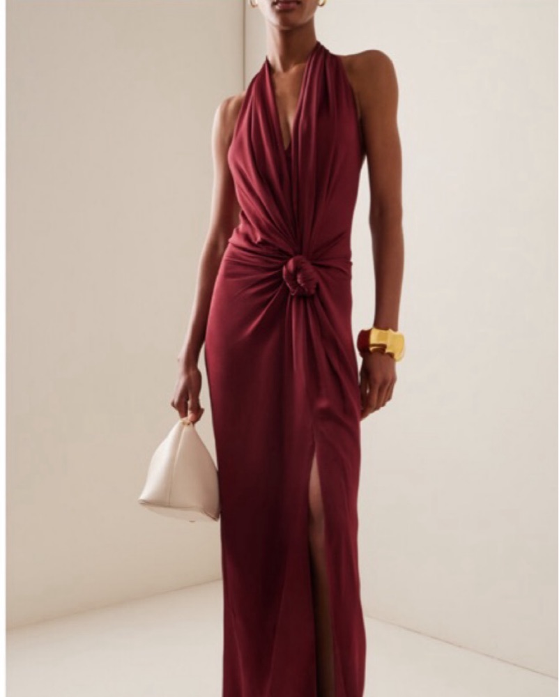 dressy burgundy dresses Burgundy Halter Neck Embroidered Prom Gown with Slit main image 0