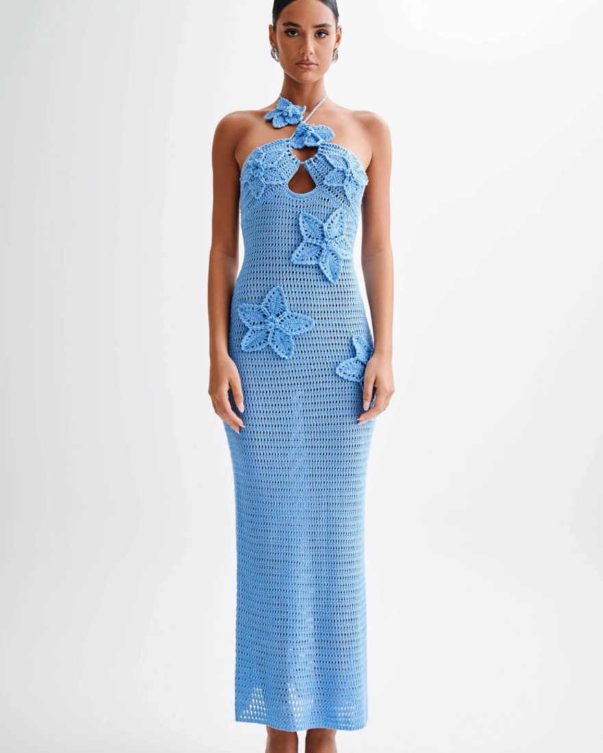 Kyla Crochet Knit Dress ブルー Meshki Kyla Crochet Maxi Dress Blue by Meshki - Pickle