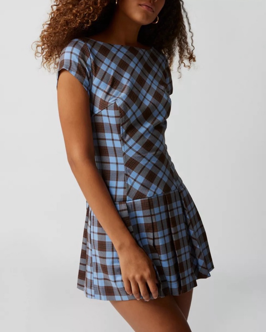 uo bryan bow-back pleated denim mini dress UO Bryan Bow-Back Pleated Drop Waist Denim Mini Dress 79.00 |  
