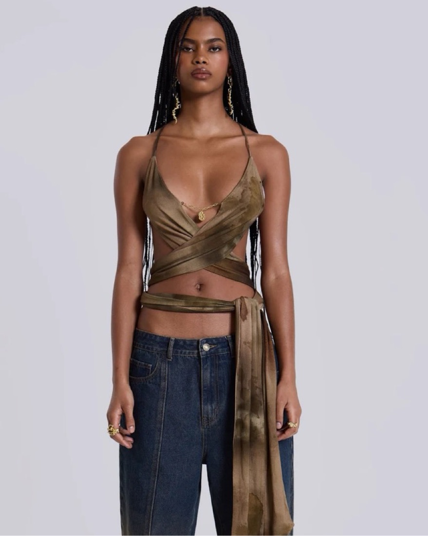 Ayla Backless Plunge Wrap Top S/M by Jaded London - Pickle