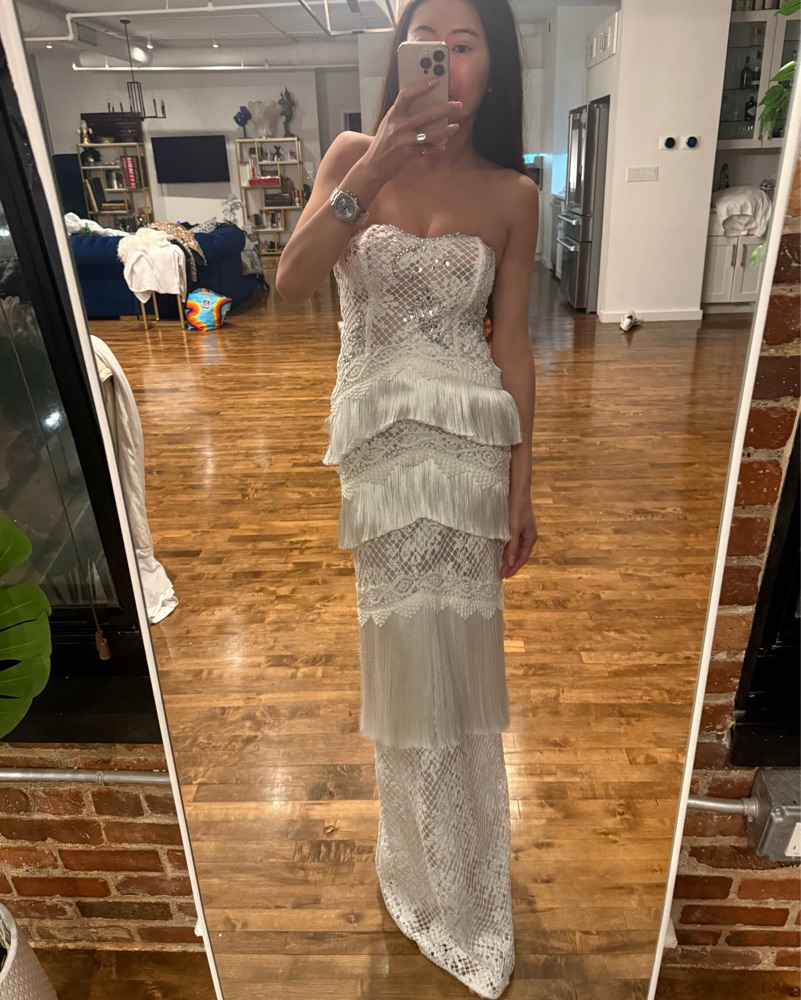 Patbo Beaded White Lace Fringe Gown XS by PatBo - Pickle