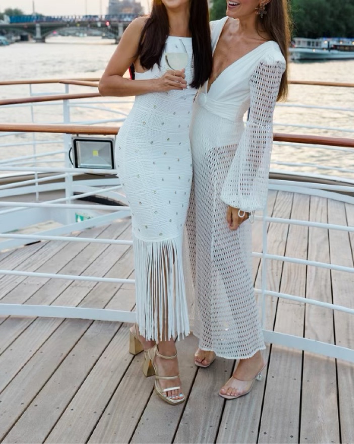 White Texture Knit Dress – Fringe Joanna Fringe Trim Maxi Lace Dress - Formal Maxi Dresses | sunfere