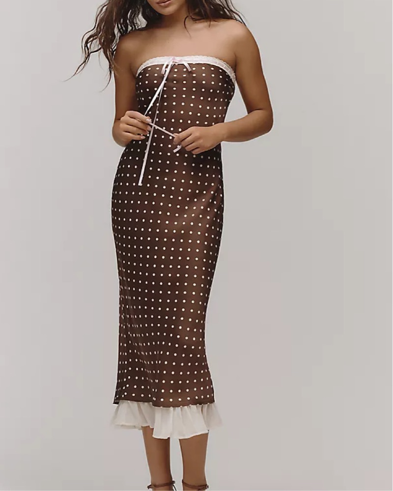 chocolate brown polka dot dress Chocolate Polka Dot Print Puff Sleeve Midi Dress – AX Paris main image 1