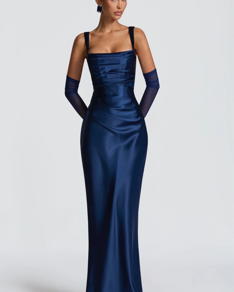 princess polly baby blue dress Navy Long Flowy Prom Dress With Lace Bustier And Corset Back main image 0