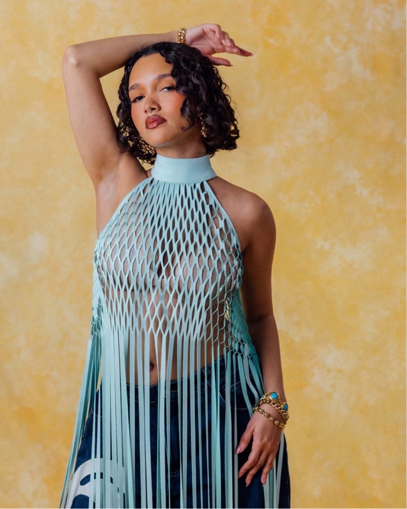 たか 様glamb Kite Shaped Denim カイトシェイプト L. YUMI FAUX SUEDE LASER CUT TOP - BABY BLU by Kai Collective - Pickle