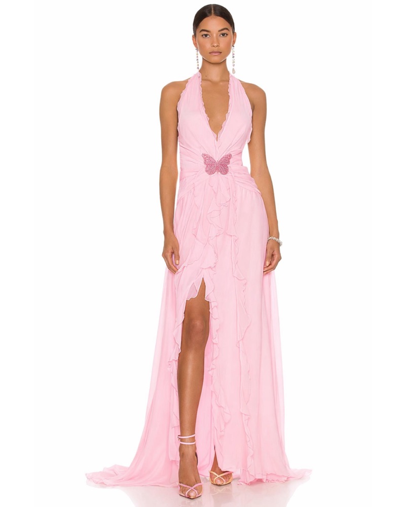 strapless open back dress Floral Print Maxi Dress in Blush Pink With High Neckline| Oh Pretty main image 0